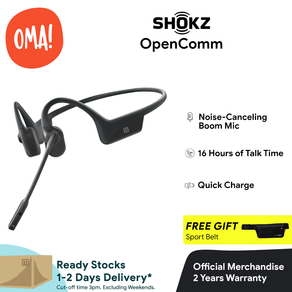 Shokz OpenComm - Black | Bone Conduction Open-Ear Stereo Wireless Bluetooth Headset with Noise-Canceling Boom Microphone