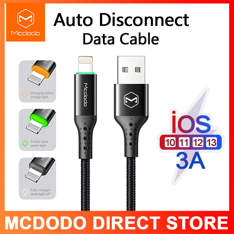 Mcdodo Auto Disconnect USB iphone Cable 3A Smart Power Off Fast Charge Cable Nylon LED USB Data Cord for Lightning iPhone 12 mini 12 Pro Max/ 11 Pro Max XS XR X 8 IPad IPod Fast Charging IOS 13 Charge