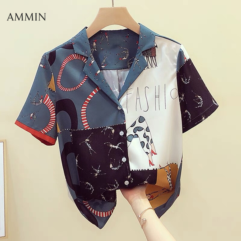 AMMIN Tops 2021 summer new item fashion retro Hong Kong flavor v-neck printed button cardigan chiffon shirt women's short-sleeved single-breasted design blouse