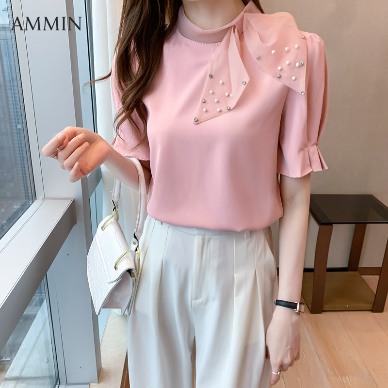 AMMIN Korean style new bow short-sleeved chiffon shirt For woman fashion design sense beaded high-end self-cultivation all-match Tops Blouse