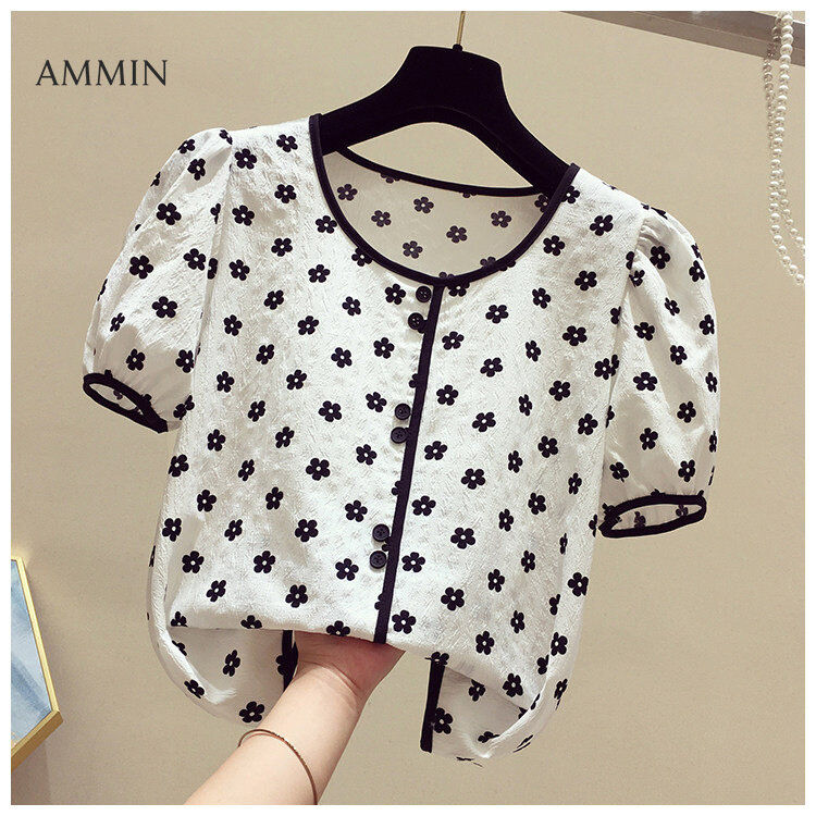 AMMIN Tops women's round neck small daisy print short-sleeved chiffon shirt 2021 new summer French elegant and sweet temperament short puff sleeve button embellished versatile women's blouse